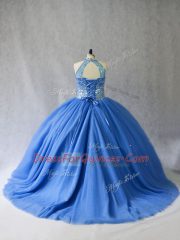 Shining Sleeveless Tulle Brush Train Lace Up Quinceanera Gowns in Blue with Beading