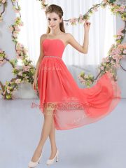 Custom Made Beading Quinceanera Dama Dress Watermelon Red Lace Up Sleeveless High Low