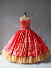 Custom Design Floor Length Coral Red Sweet 16 Quinceanera Dress Satin and Organza Sleeveless Embroidery