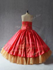 Custom Design Floor Length Coral Red Sweet 16 Quinceanera Dress Satin and Organza Sleeveless Embroidery