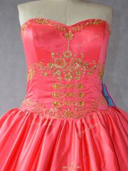 Custom Design Floor Length Coral Red Sweet 16 Quinceanera Dress Satin and Organza Sleeveless Embroidery