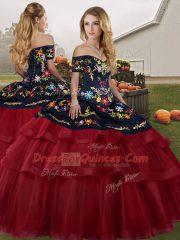 Customized Off The Shoulder Sleeveless Quince Ball Gowns Brush Train Embroidery and Ruffled Layers Wine Red Tulle