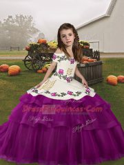 Beauteous Purple Tulle Lace Up Kids Formal Wear Sleeveless Floor Length Embroidery and Ruffled Layers
