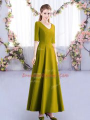 Super Satin V-neck Half Sleeves Zipper Ruching Dama Dress for Quinceanera in Olive Green