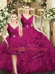 New Style Fuchsia Three Pieces V-neck Sleeveless Fabric With Rolling Flowers Floor Length Backless Beading Sweet 16 Quinceanera Dress