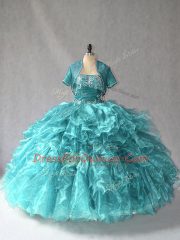 Romantic Floor Length Turquoise Sweet 16 Dresses Organza Sleeveless Beading