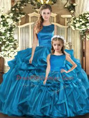 Artistic Teal Lace Up Scoop Ruffles Quinceanera Dress Organza Sleeveless
