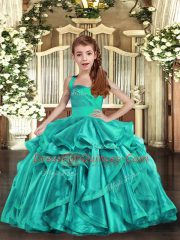 Customized Ruffles Little Girls Pageant Dress Aqua Blue Lace Up Sleeveless Floor Length