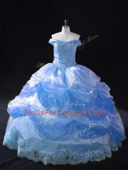 Floor Length Blue Quinceanera Gown Off The Shoulder Sleeveless Lace Up