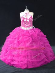 Popular Floor Length Fuchsia Ball Gown Prom Dress Halter Top Sleeveless Backless