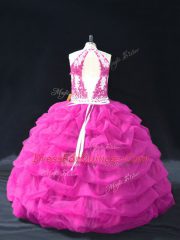 Popular Floor Length Fuchsia Ball Gown Prom Dress Halter Top Sleeveless Backless
