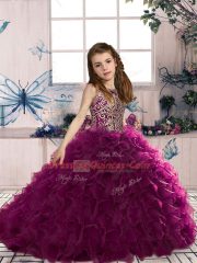 Floor Length Lace Up Kids Formal Wear Fuchsia for Party and Military Ball and Wedding Party with Beading and Ruffles