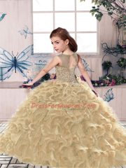 Floor Length Lace Up Kids Formal Wear Fuchsia for Party and Military Ball and Wedding Party with Beading and Ruffles