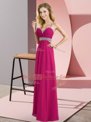 Dramatic Fuchsia Criss Cross Beading Sleeveless Floor Length