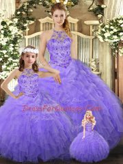 Fabulous Lavender Ball Gowns Halter Top Sleeveless Tulle Floor Length Lace Up Beading and Ruffles Sweet 16 Quinceanera Dress