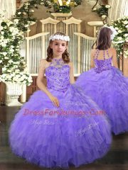 Fabulous Lavender Ball Gowns Halter Top Sleeveless Tulle Floor Length Lace Up Beading and Ruffles Sweet 16 Quinceanera Dress