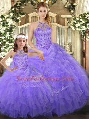 Fabulous Lavender Ball Gowns Halter Top Sleeveless Tulle Floor Length Lace Up Beading and Ruffles Sweet 16 Quinceanera Dress