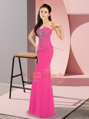 Hot Pink Sleeveless Beading Floor Length Prom Dress