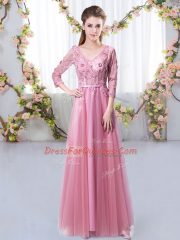 Dynamic Pink Quinceanera Court Dresses Wedding Party with Lace and Appliques V-neck 3 4 Length Sleeve Lace Up