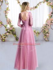 Dynamic Pink Quinceanera Court Dresses Wedding Party with Lace and Appliques V-neck 3 4 Length Sleeve Lace Up