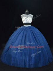 Discount Navy Blue Tulle Lace Up Quinceanera Gown Sleeveless Floor Length Beading