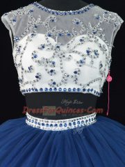 Discount Navy Blue Tulle Lace Up Quinceanera Gown Sleeveless Floor Length Beading