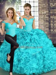 Dazzling Aqua Blue Lace Up Sweet 16 Dresses Beading and Ruffles Sleeveless Floor Length