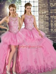 Glorious Rose Pink Sleeveless Tulle Lace Up Quinceanera Dresses for Military Ball and Sweet 16 and Quinceanera
