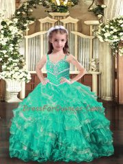Adorable Turquoise Organza Lace Up Straps Sleeveless Floor Length Kids Pageant Dress Beading and Ruffles