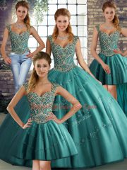 Custom Designed Teal Straps Lace Up Beading and Appliques Quinceanera Dresses Sleeveless