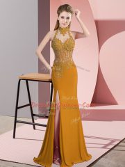 Perfect Gold Sleeveless Lace and Appliques Floor Length Dress for Prom