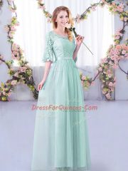 Glorious Empire Quinceanera Dama Dress Light Blue Scoop Tulle Half Sleeves Floor Length Side Zipper