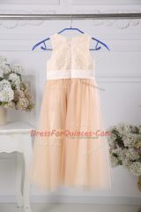 Floor Length Zipper Flower Girl Dresses Peach for Wedding Party with Lace and Belt