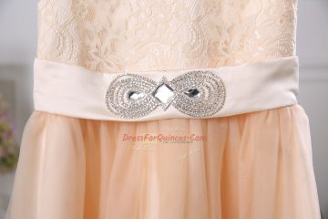Floor Length Zipper Flower Girl Dresses Peach for Wedding Party with Lace and Belt