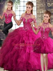 Charming Fuchsia Tulle Lace Up Halter Top Sleeveless Floor Length Quinceanera Dress Beading and Ruffles
