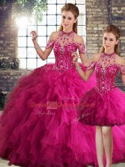 Charming Fuchsia Tulle Lace Up Halter Top Sleeveless Floor Length Quinceanera Dress Beading and Ruffles