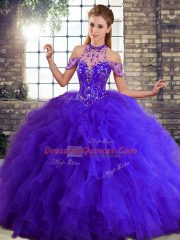 Ball Gowns Quinceanera Gowns Purple Halter Top Tulle Sleeveless Floor Length Lace Up