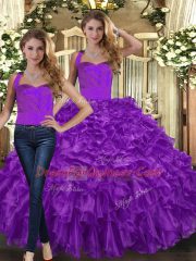 Stunning Purple 15 Quinceanera Dress Military Ball and Sweet 16 and Quinceanera with Ruffles Halter Top Sleeveless Lace Up