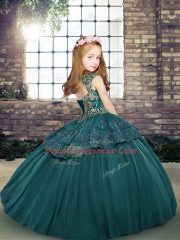 Tulle Sleeveless Floor Length Child Pageant Dress and Beading and Appliques