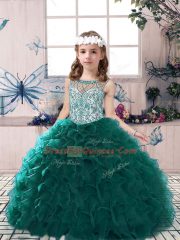 Ball Gowns Pageant Dress for Girls Peacock Green Scoop Organza Sleeveless Floor Length Lace Up