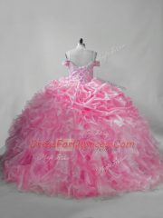 Pink Straps Neckline Beading and Ruffles and Pick Ups Quinceanera Gowns Sleeveless Lace Up