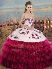 White And Red Lace Up Sweet 16 Quinceanera Dress Embroidery and Ruffled Layers and Bowknot Sleeveless Floor Length