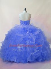 Sleeveless Floor Length Beading and Ruffles Lace Up Ball Gown Prom Dress with Blue