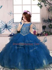 Exquisite Scoop Sleeveless Girls Pageant Dresses Floor Length Beading and Ruffles Teal Organza