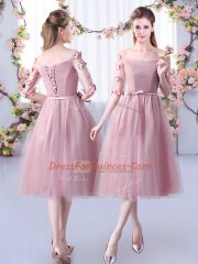 Affordable Pink Sleeveless Tulle Lace Up Damas Dress for Wedding Party
