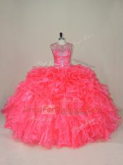 Cheap Pink Organza Lace Up Scoop Sleeveless Sweet 16 Dresses Beading and Ruffles