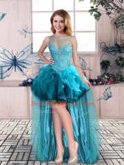 Elegant Teal Tulle Lace Up Scoop Sleeveless High Low Beading and Ruffles