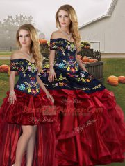 Glorious Red And Black Organza Lace Up Off The Shoulder Sleeveless Floor Length Ball Gown Prom Dress Embroidery and Ruffles