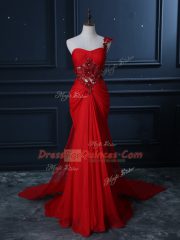 Glamorous Mermaid Sleeveless Red Prom Dress Watteau Train Zipper