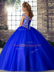 Eye-catching Tulle Off The Shoulder Sleeveless Brush Train Lace Up Beading Sweet 16 Dress in Royal Blue